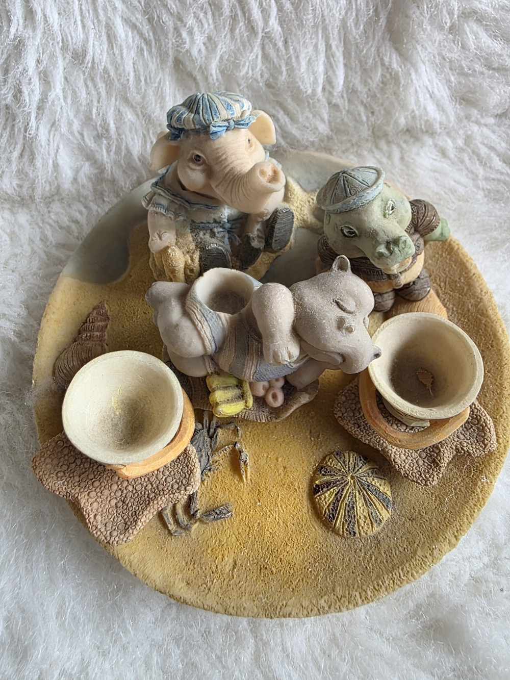 Vintage Resin Animal Trio Table Sculpture in Cream with Blue and Green Accents